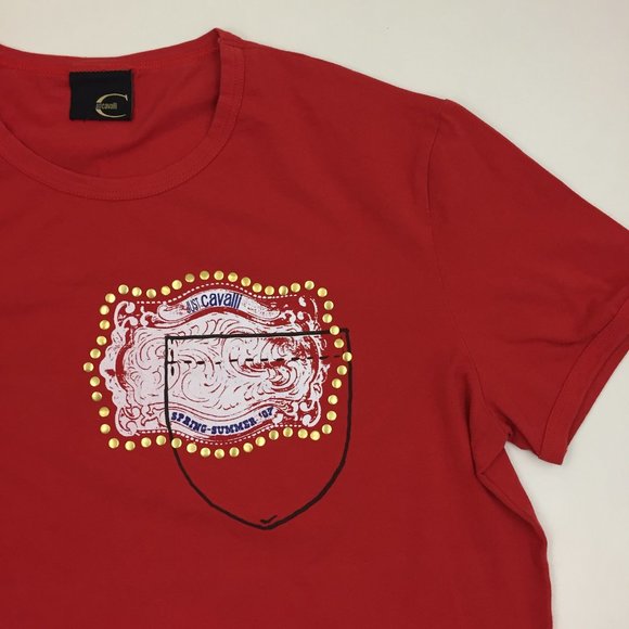 JUST ROBERTO CAVALLI Short Sleeve Red Gold Studded Multi Color Print Tee Shirt - Picture 4 of 9